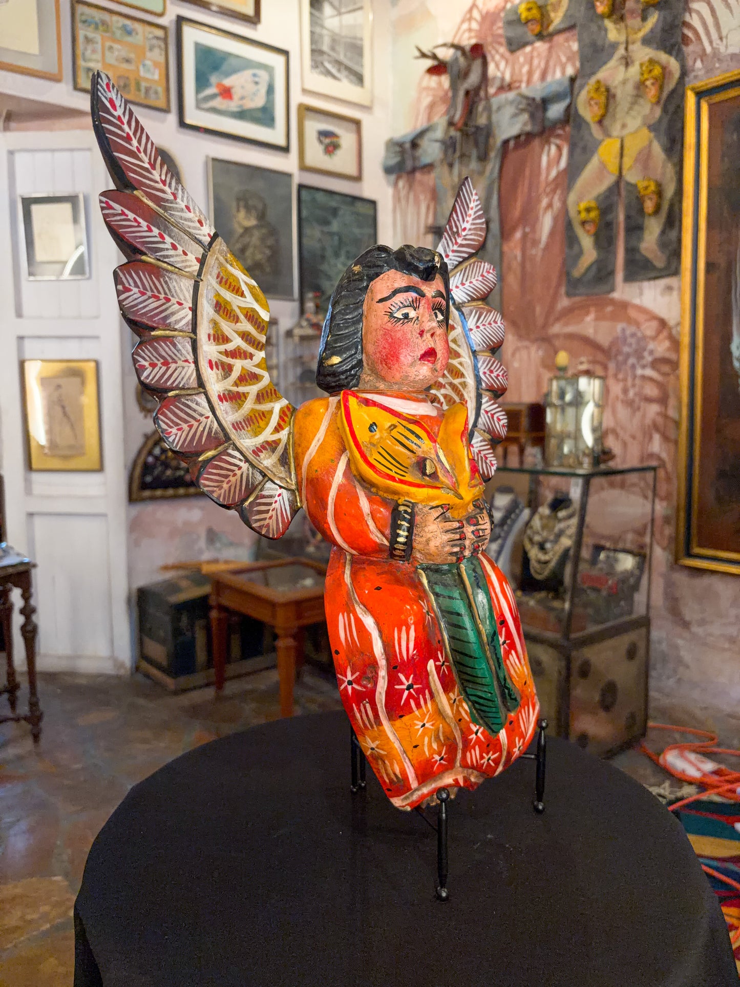 Polychrome painted wood angel figurine sculpture, Guerrero Mexican folk art, back view