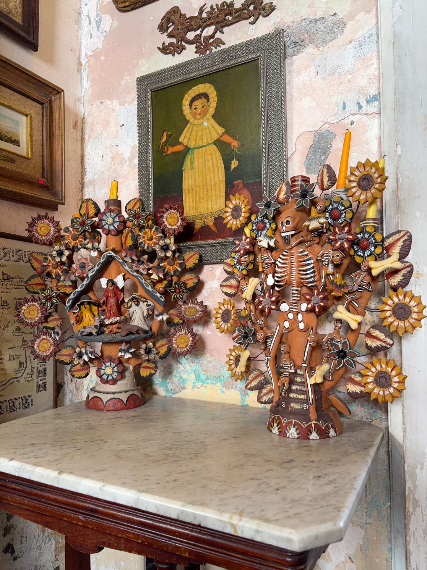 Polychrome fired clay tree of life candelabra with skeleton musicians, Metepec Mexico, Mexican folk art, in-situ display, artist studio setting