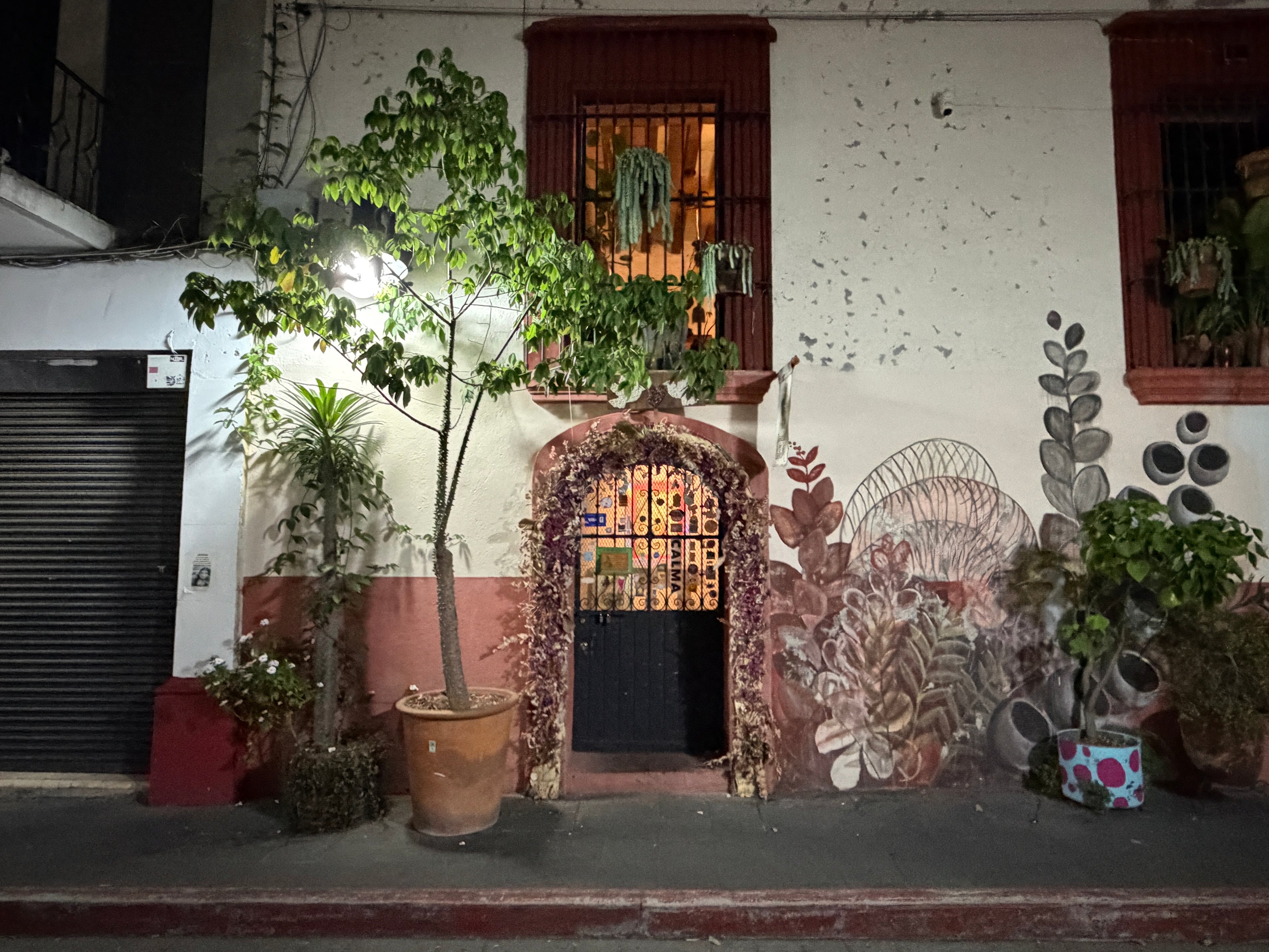 Decorative entrance with plants and wall art on a building facade, Mexican art store, for sale