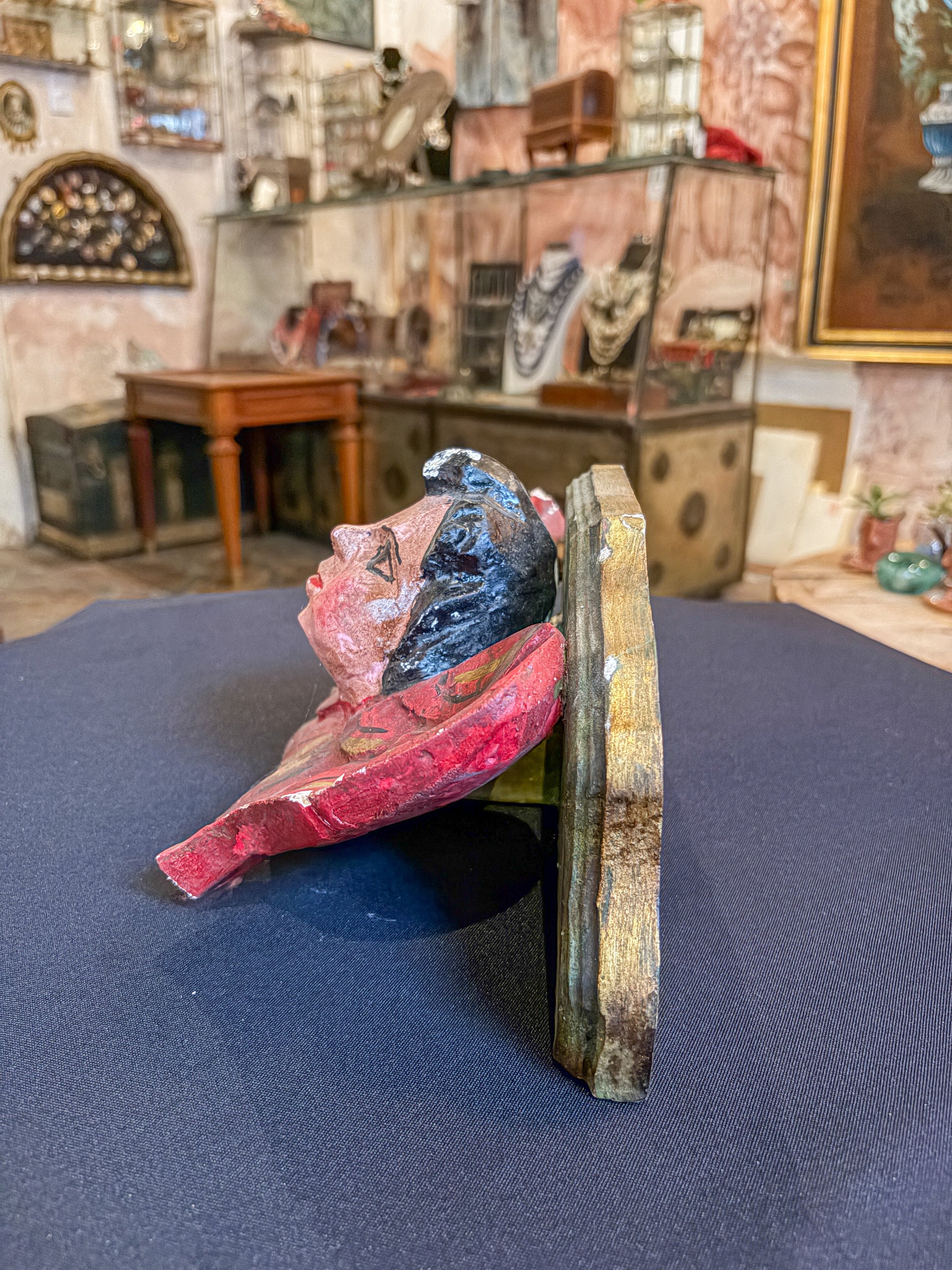 Antique polychrome wood angel shelf bracket with carved cherub, Mexican folk art, angel face profile, upward gaze