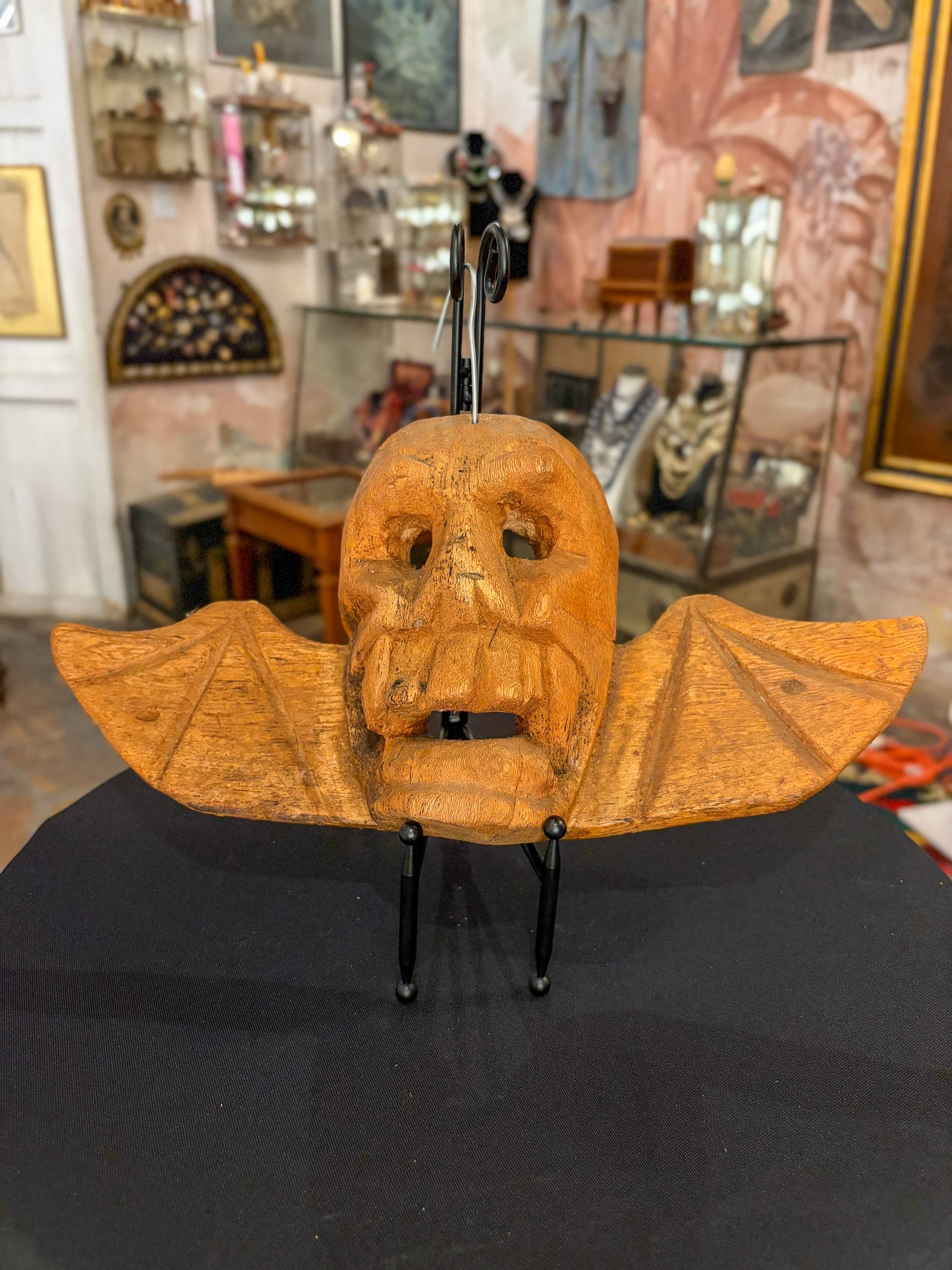 Carved natural wood skull and bat wing dance mask, Michoacán Mexican folk art