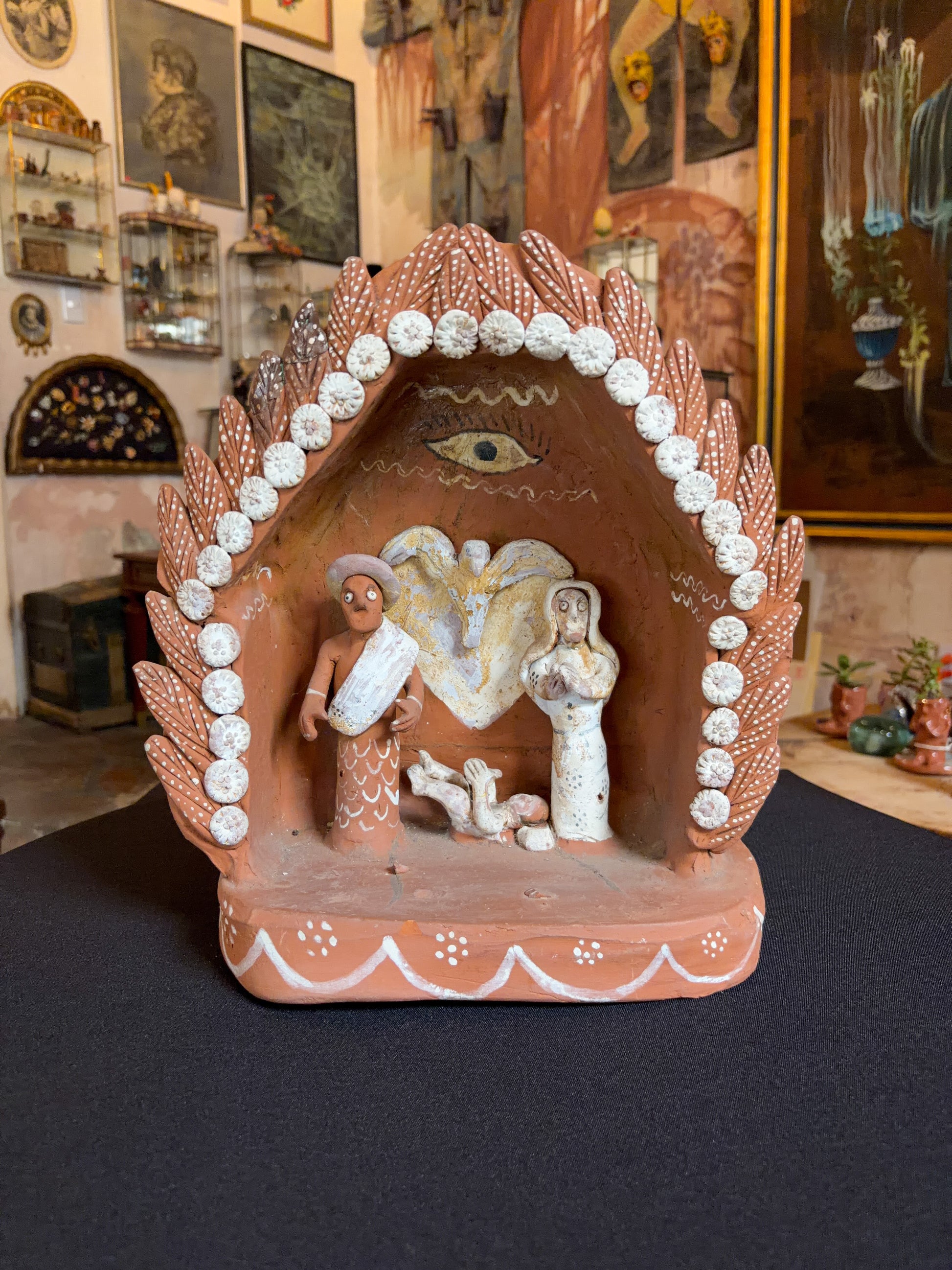 Handcrafted polychrome baked clay nativity scene portal, Michoacán Mexican folk art