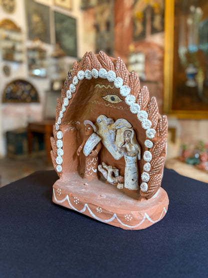 Handcrafted polychrome baked clay nativity scene portal, Michoacán Mexican folk art, side view