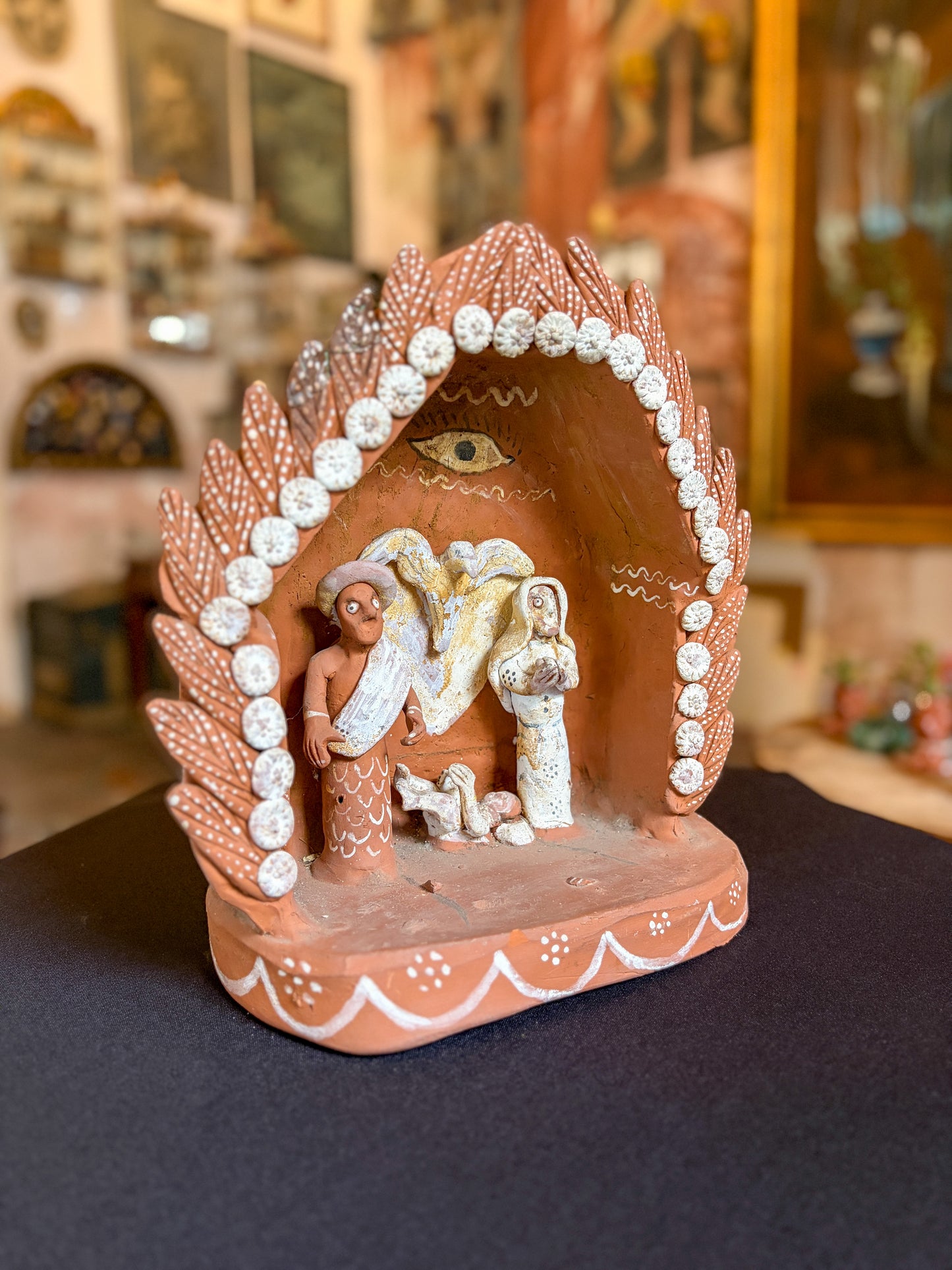 Handcrafted polychrome baked clay nativity scene portal, Michoacán Mexican folk art, top view