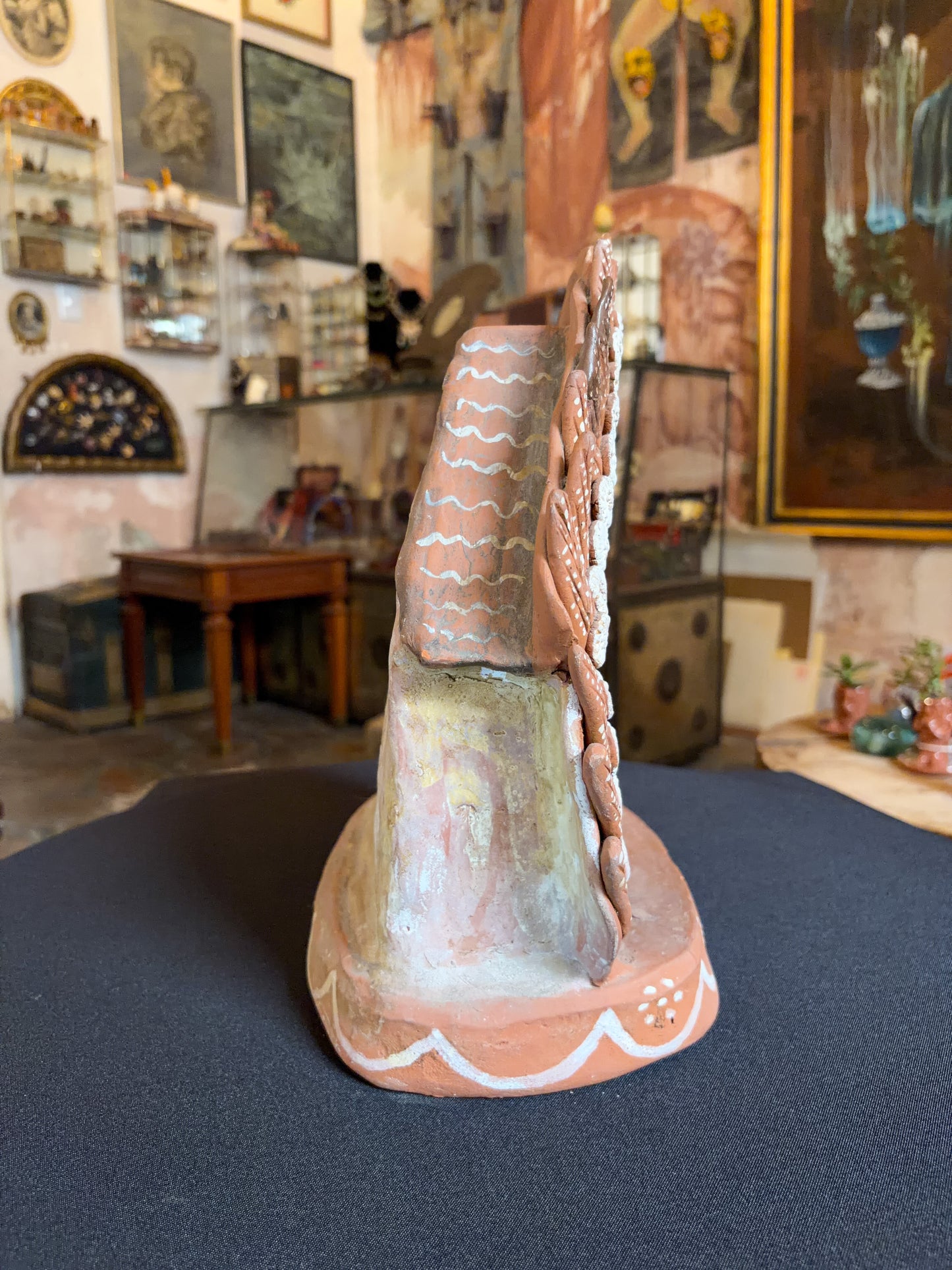 Handcrafted polychrome baked clay nativity scene portal, Michoacán Mexican folk art, clay nativity, back view