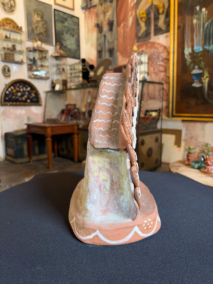 Handcrafted polychrome baked clay nativity scene portal, Michoacán Mexican folk art, clay nativity, back view