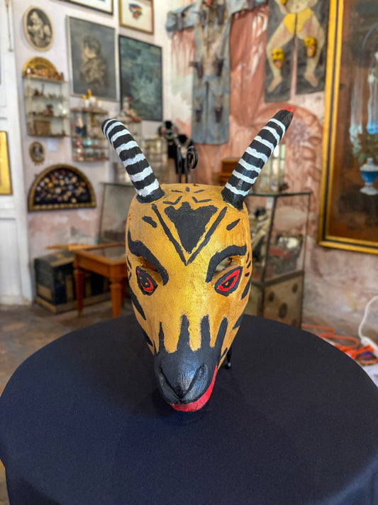 Hand-carved painted wood goat dance mask, Mexican folk art