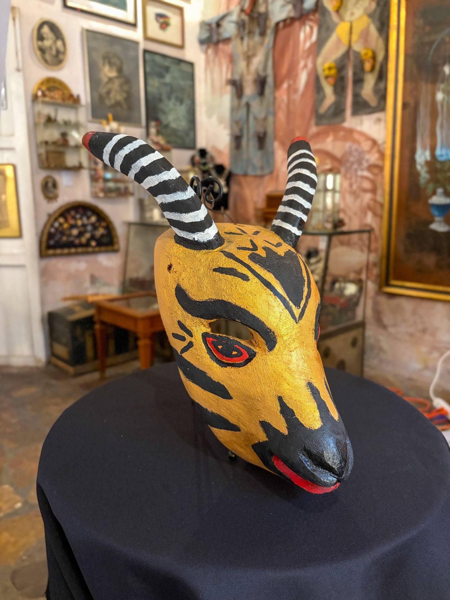 Hand-carved painted wood goat dance mask, Mexican folk art, back view