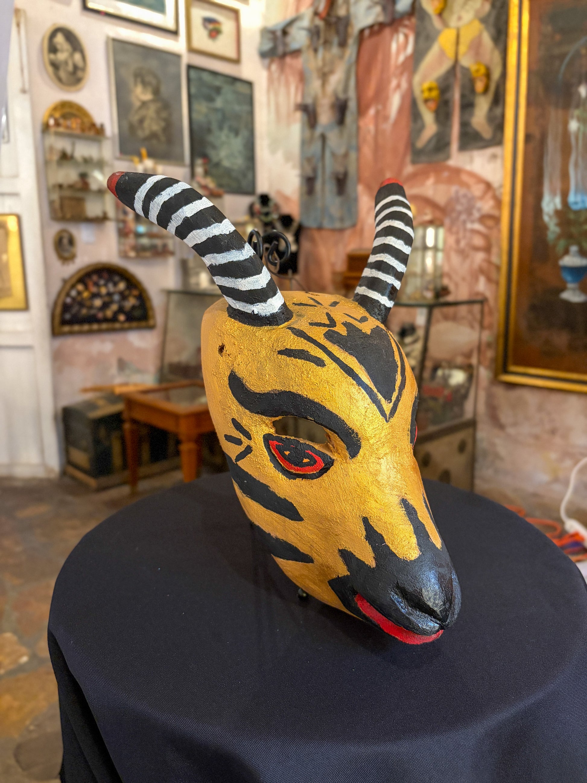 Hand-carved painted wood goat dance mask, Mexican folk art, back view