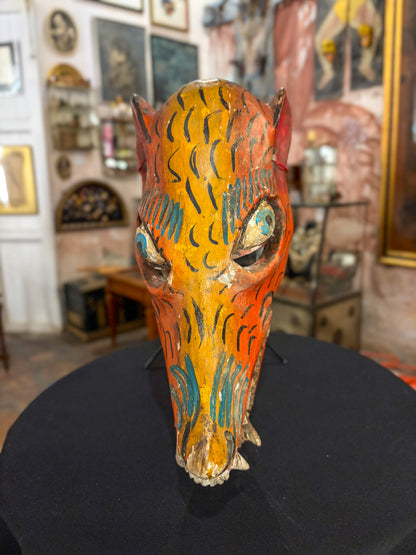 Hand-carved painted wood coyote dance mask, Guerrero Mexican folk art