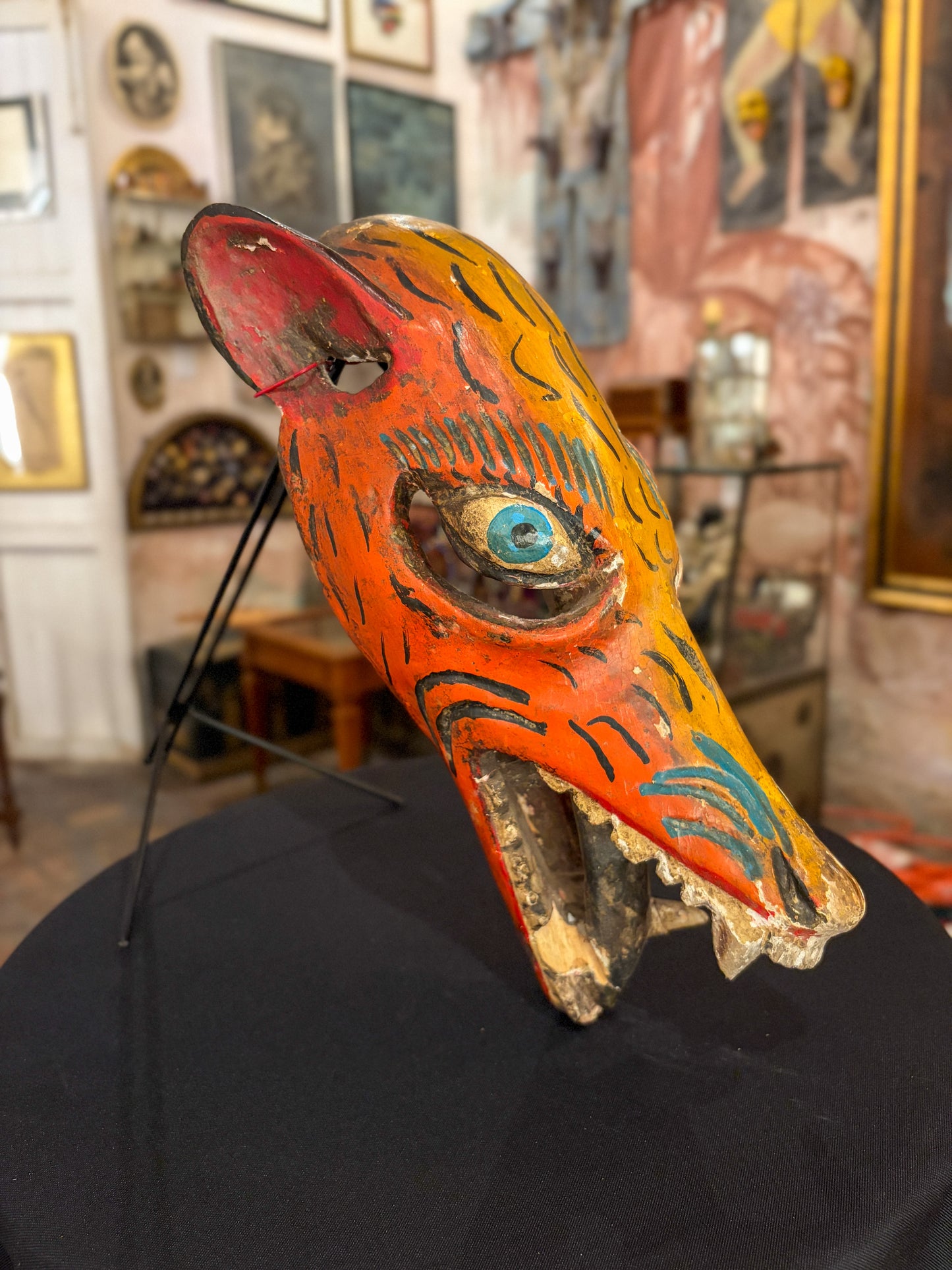 Hand-carved painted wood coyote dance mask, Guerrero Mexican folk art, side view