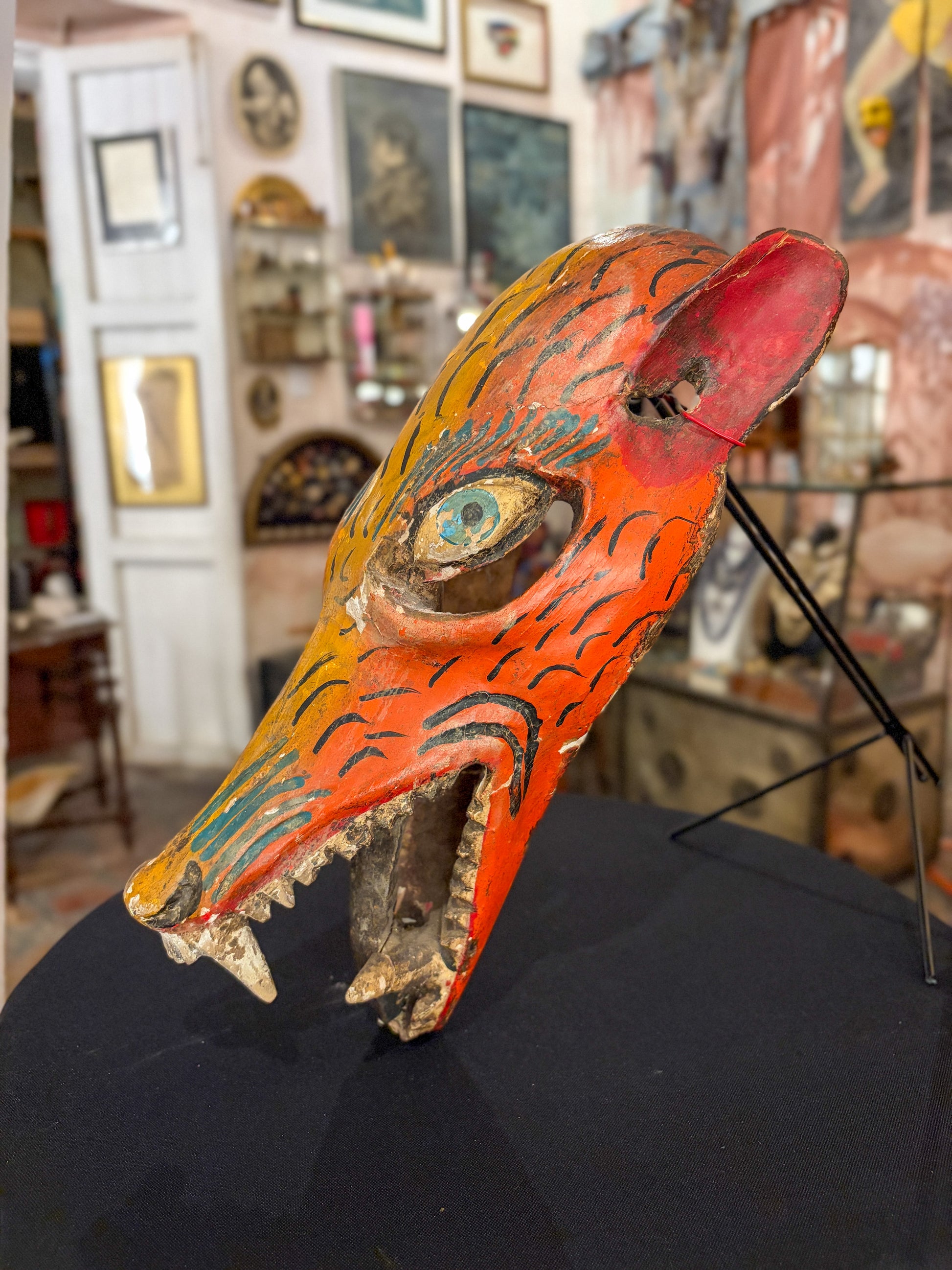 Hand-carved painted wood coyote dance mask, Guerrero Mexican folk art, back view