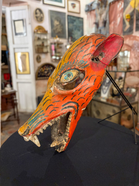 Hand-carved painted wood coyote dance mask, Guerrero Mexican folk art, back view