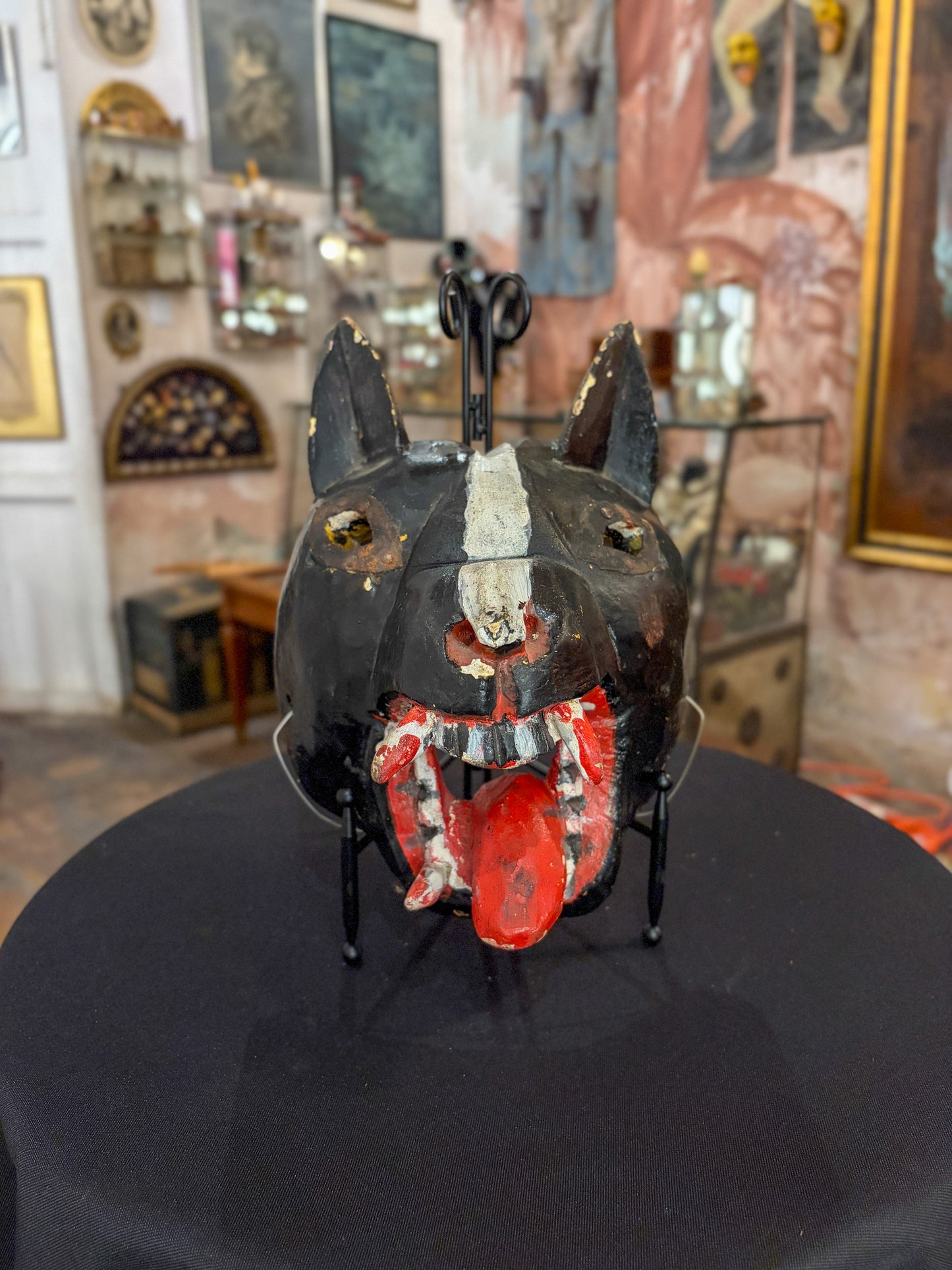 Polychrome carved wood wolf dance mask, Guerrero Mexican folk art