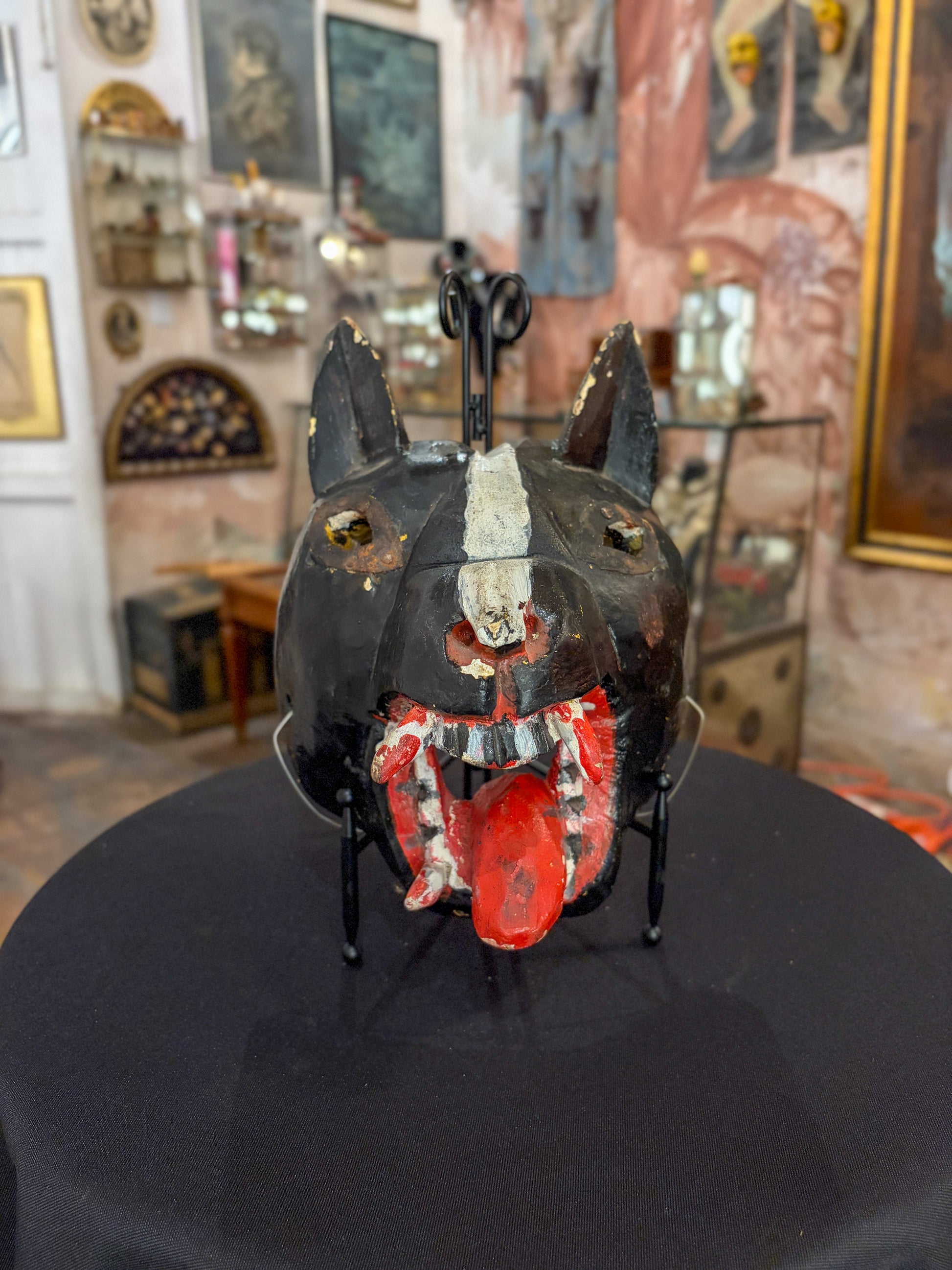 Polychrome carved wood wolf dance mask, Guerrero Mexican folk art