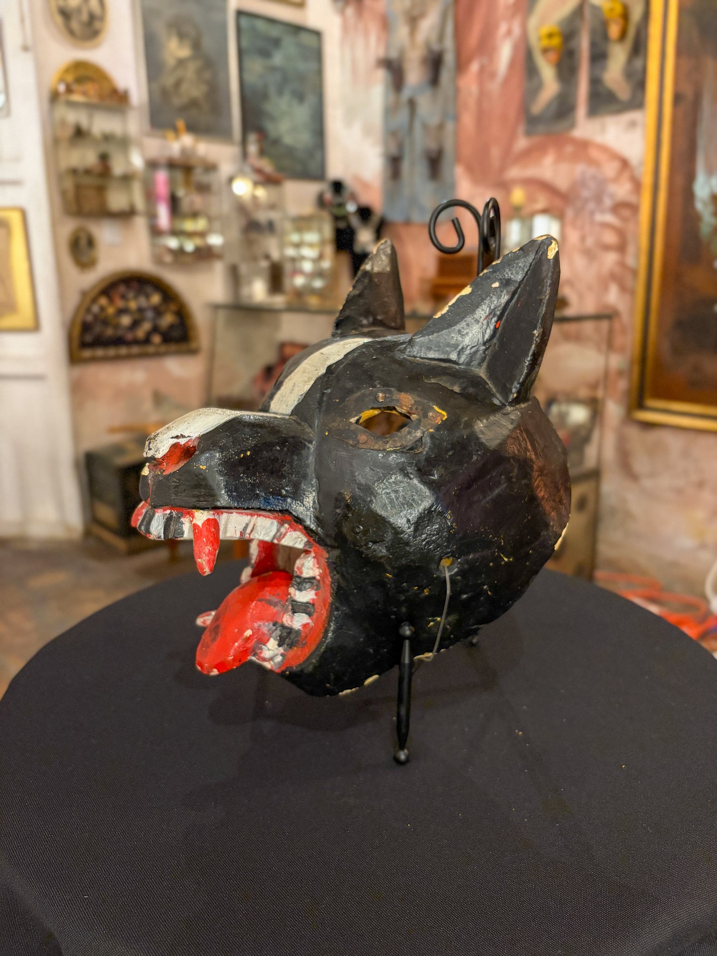 Polychrome carved wood wolf dance mask, Guerrero Mexican folk art, side view