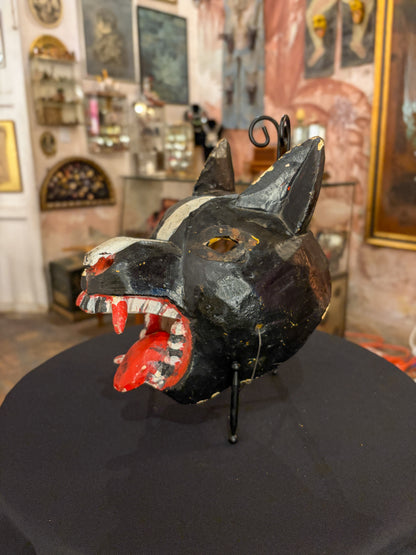 Polychrome carved wood wolf dance mask, Guerrero Mexican folk art, side view