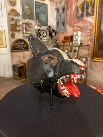 Polychrome carved wood wolf dance mask, Guerrero Mexican folk art, back view