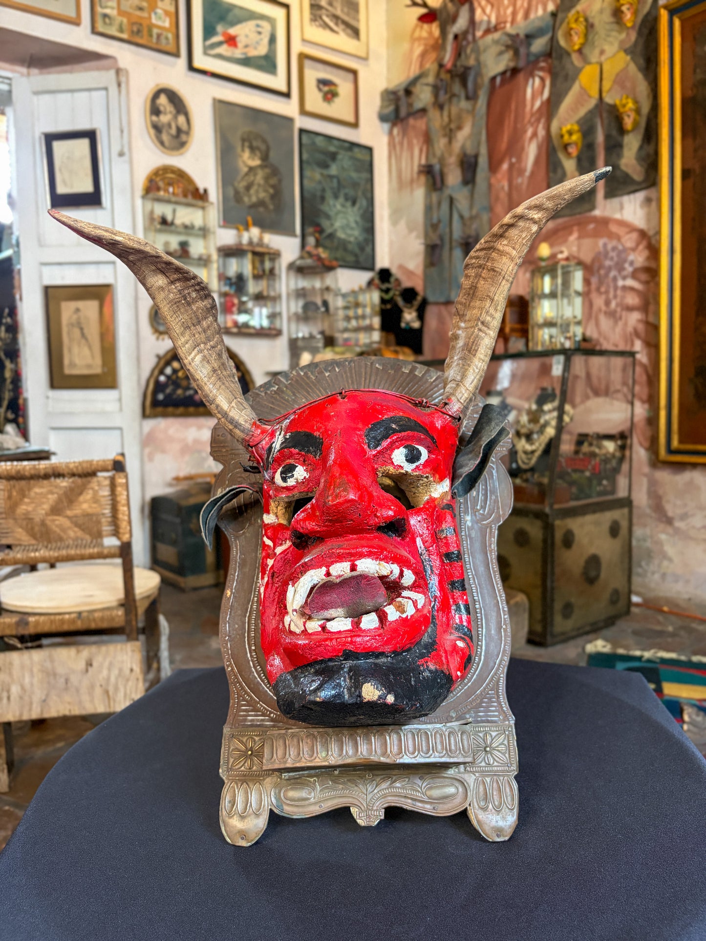 Handcrafted carved wood devil dance mask with leather and organic horns, Mexico, late 20th century, Guerrero Mexican folk art