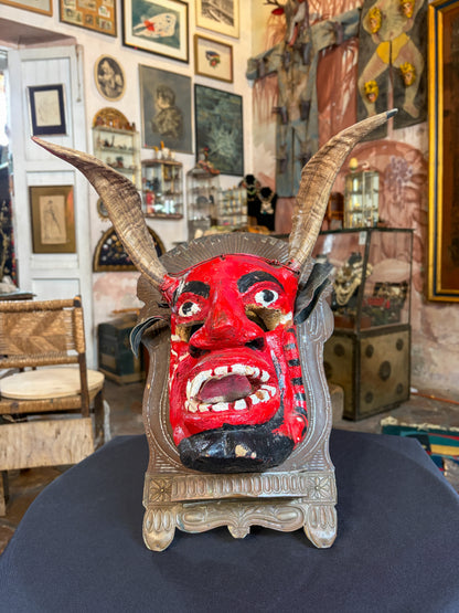 Handcrafted carved wood devil dance mask with leather and organic horns, Mexico, late 20th century, Guerrero Mexican folk art