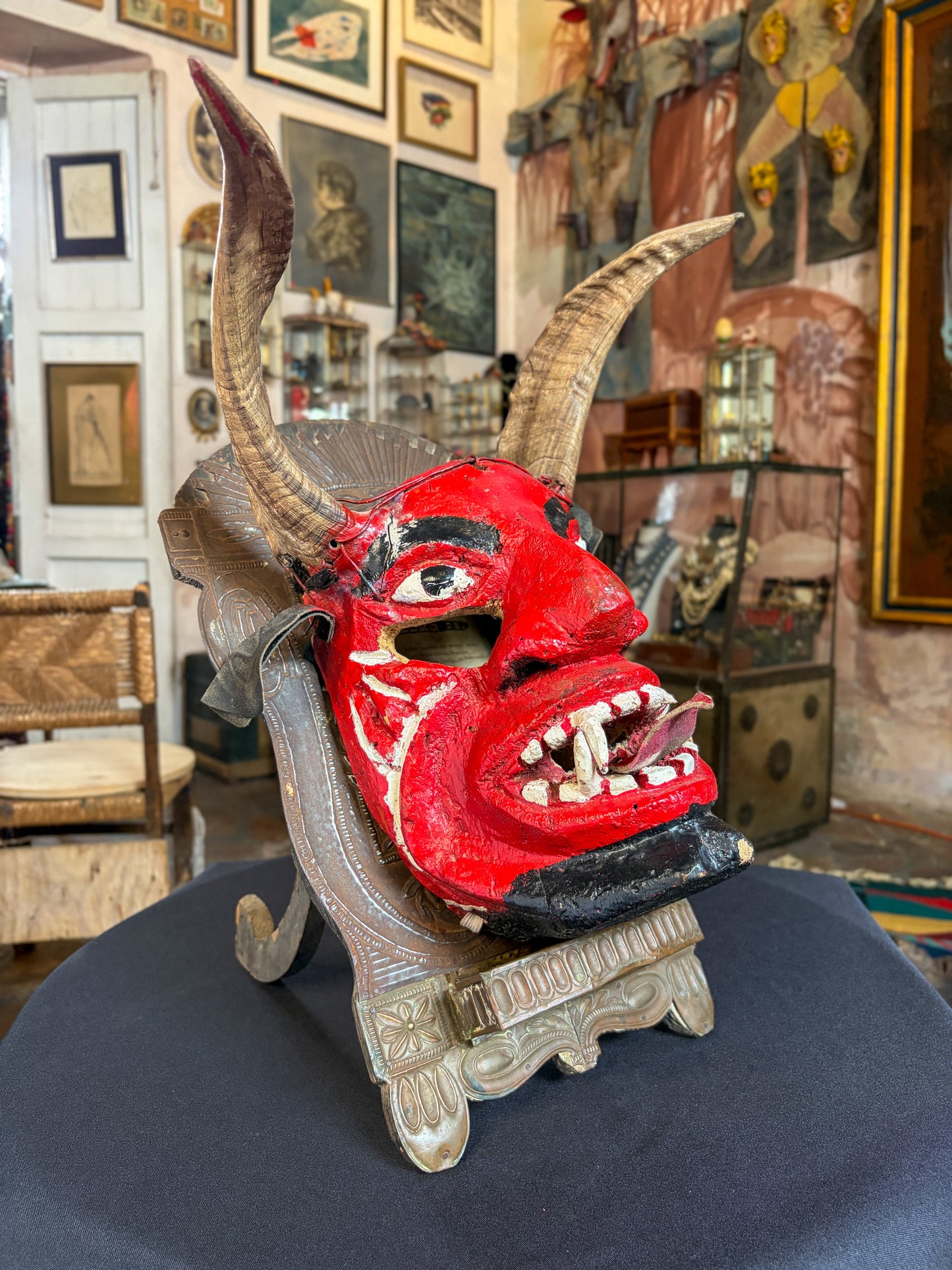 Handcrafted carved wood devil dance mask with leather and organic horns, Mexico, late 20th century, Guerrero, back view