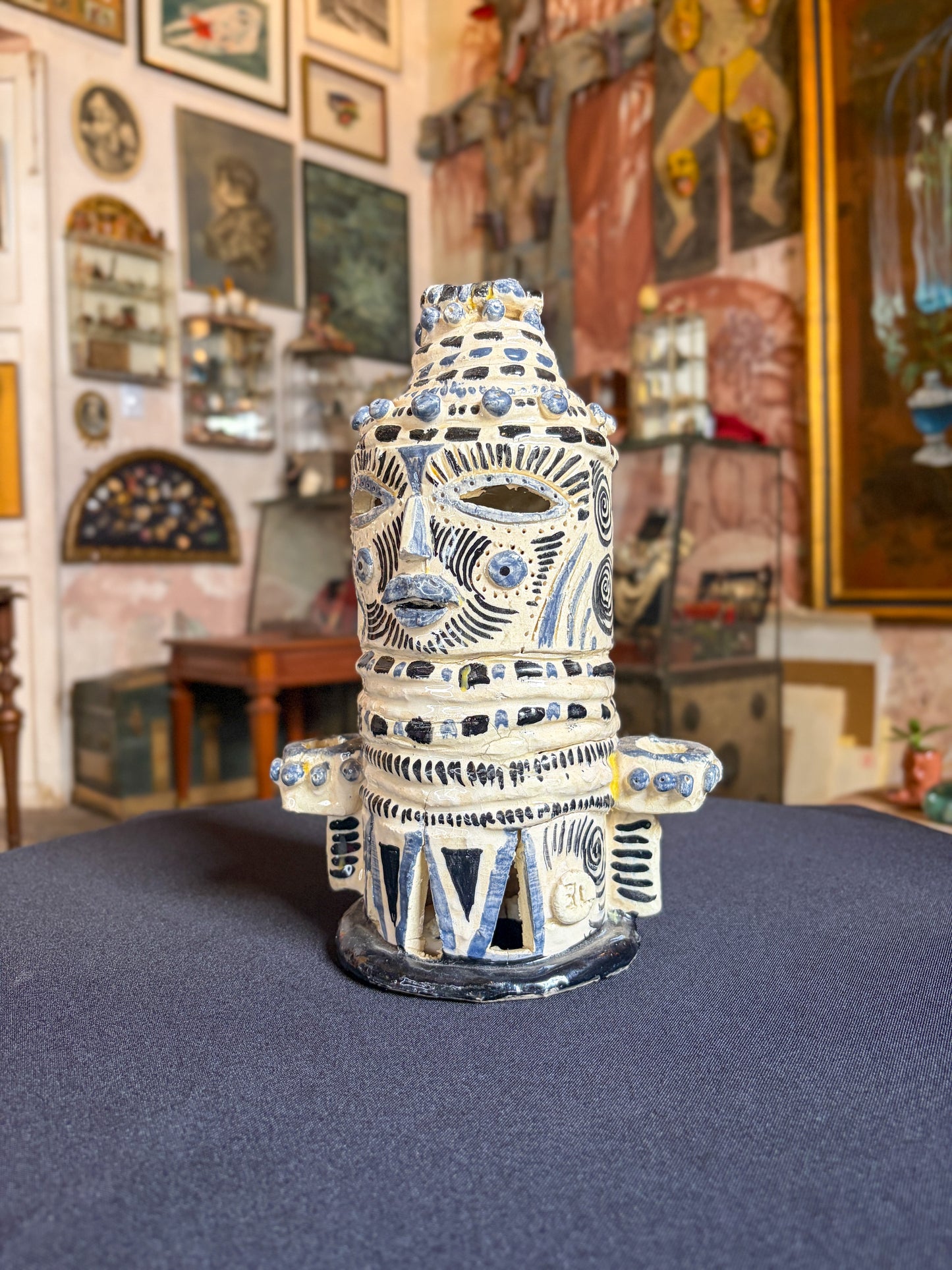 Handcrafted high-temperature ceramic triple candelabra with double-face pre-Hispanic design, Morelos, Mexican folk art