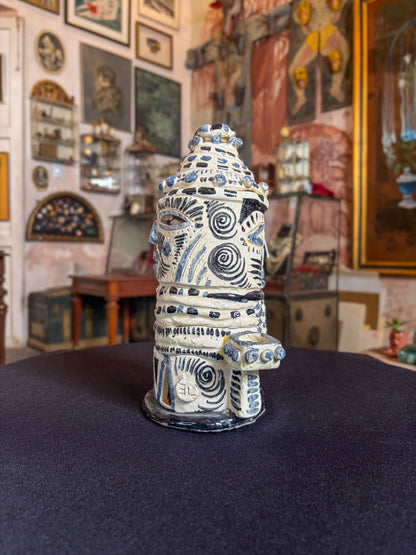 Handcrafted high-temperature ceramic triple candelabra with double-face pre-Hispanic, Morelos, Mexican folk art, side view