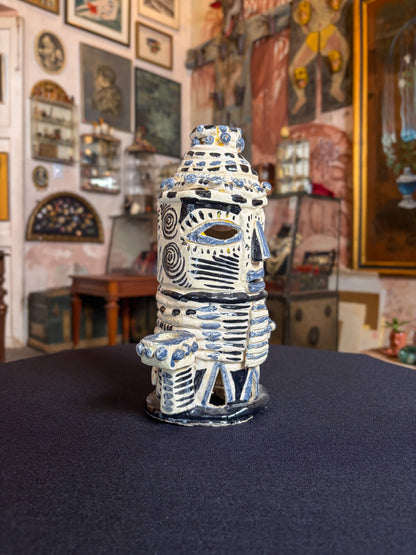Handcrafted high-temperature ceramic triple candelabra with double-face pre-Hispanic, Morelos, Mexican folk art, top view