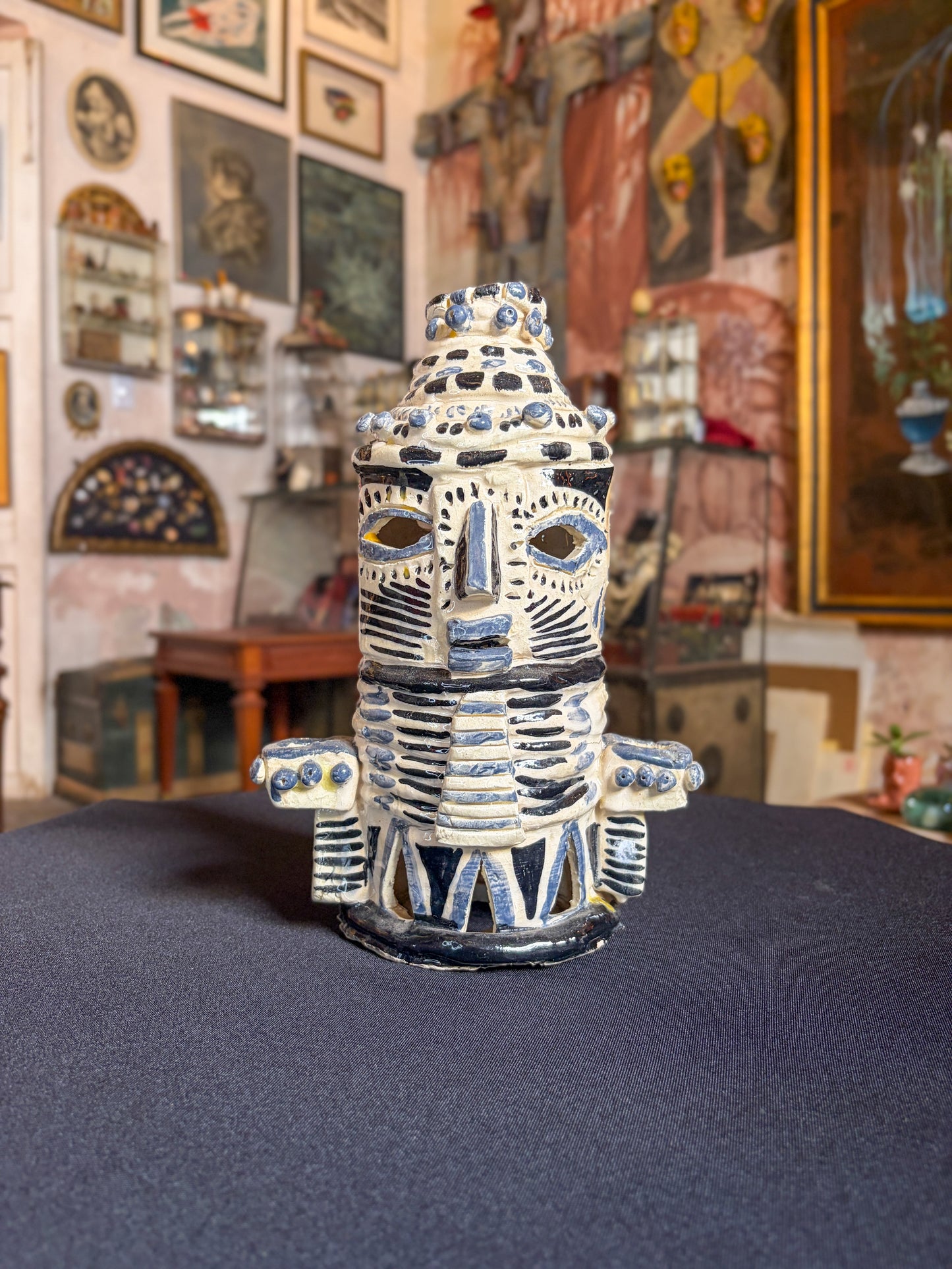 Handcrafted high-temperature ceramic triple candelabra with double-face pre-Hispanic, Morelos, Mexican folk art, face 1 detail