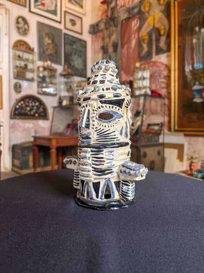 Handcrafted high-temperature ceramic triple candelabra with double-face pre-Hispanic, Morelos, Mexican folk art, second face view, painted pattern