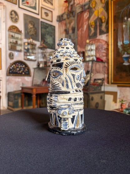 Handcrafted high-temperature ceramic triple candelabra with double-face pre-Hispanic, Morelos, Mexican folk, first face, naturalistic face view