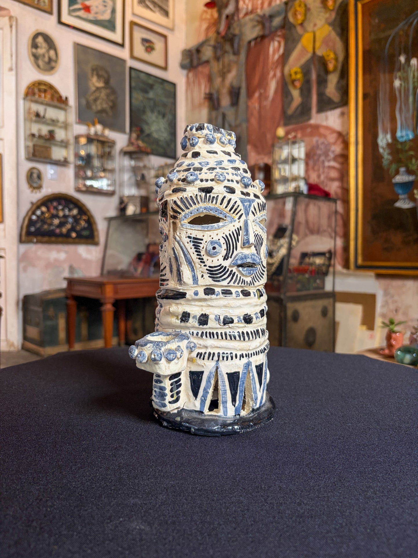 Handcrafted high-temperature ceramic triple candelabra with double-face pre-Hispanic, Morelos, Mexican folk art, face 2 detail