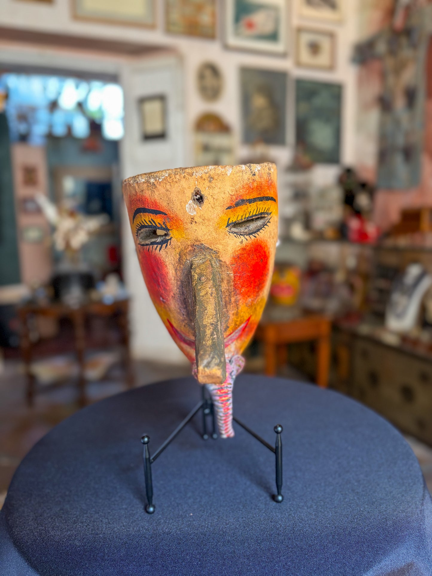 Handcrafted polychrome carved wood human face dance mask, Guerrero Mexican folk art
