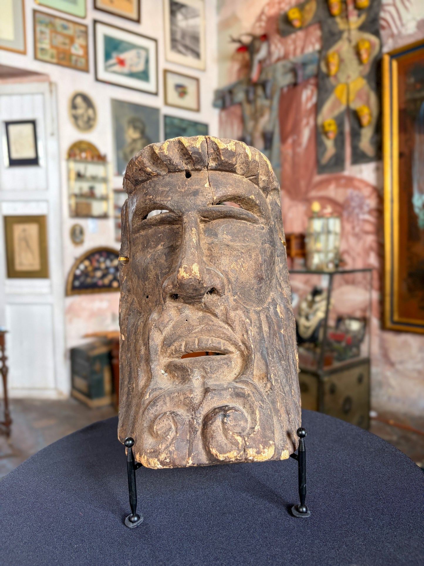 Antique carved Cirimo wood Purepecha hermit dance mask, Mexican folk art