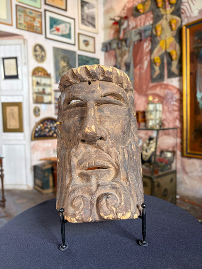 Antique carved Cirimo wood Purepecha hermit dance mask, Mexican folk art