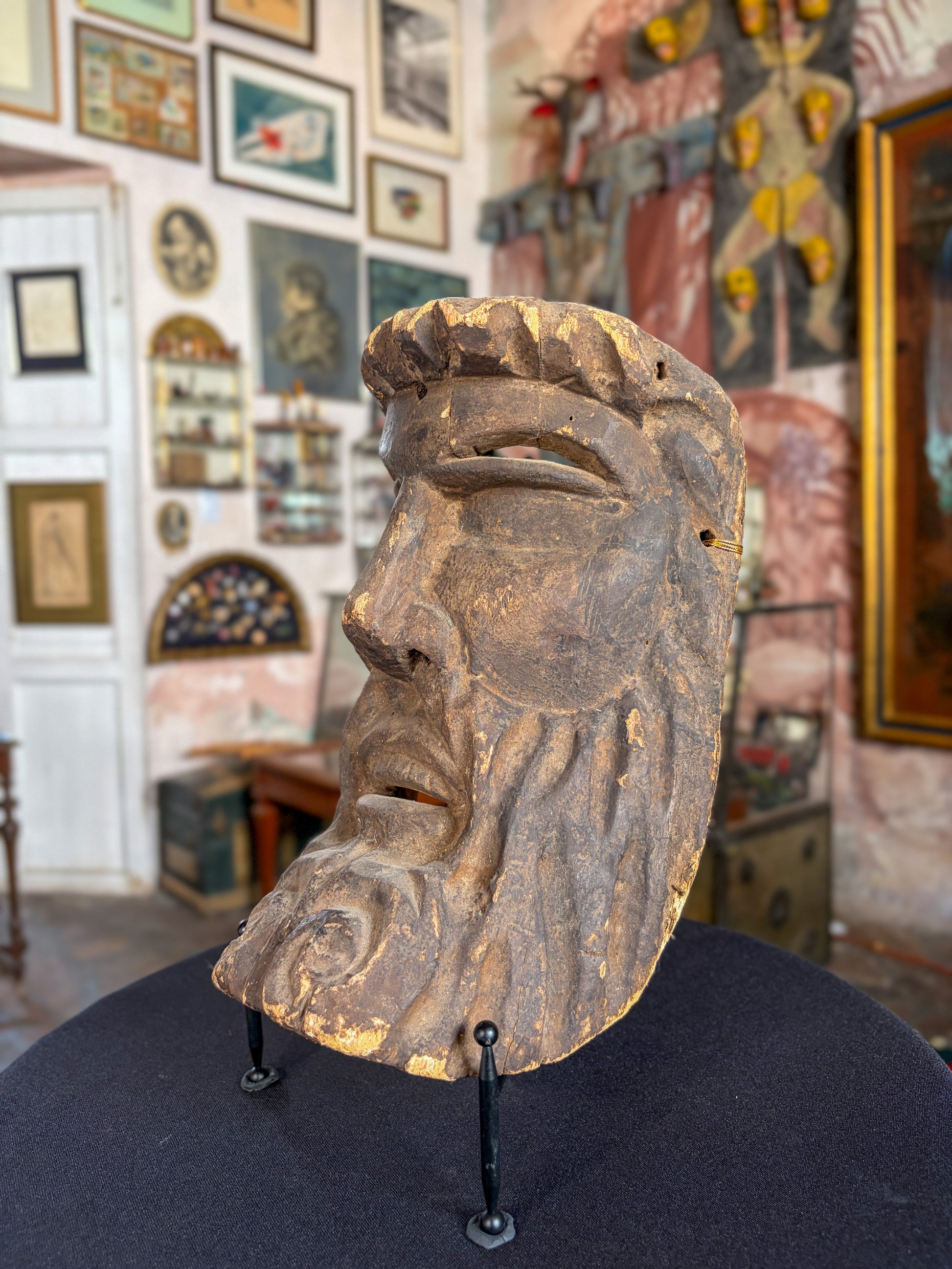 Antique carved Cirimo wood Purepecha hermit dance mask, Mexican folk art, side view