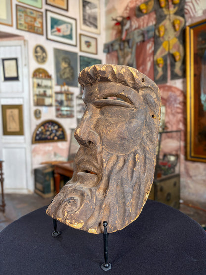 Antique carved Cirimo wood Purepecha hermit dance mask, Mexican folk art, side view
