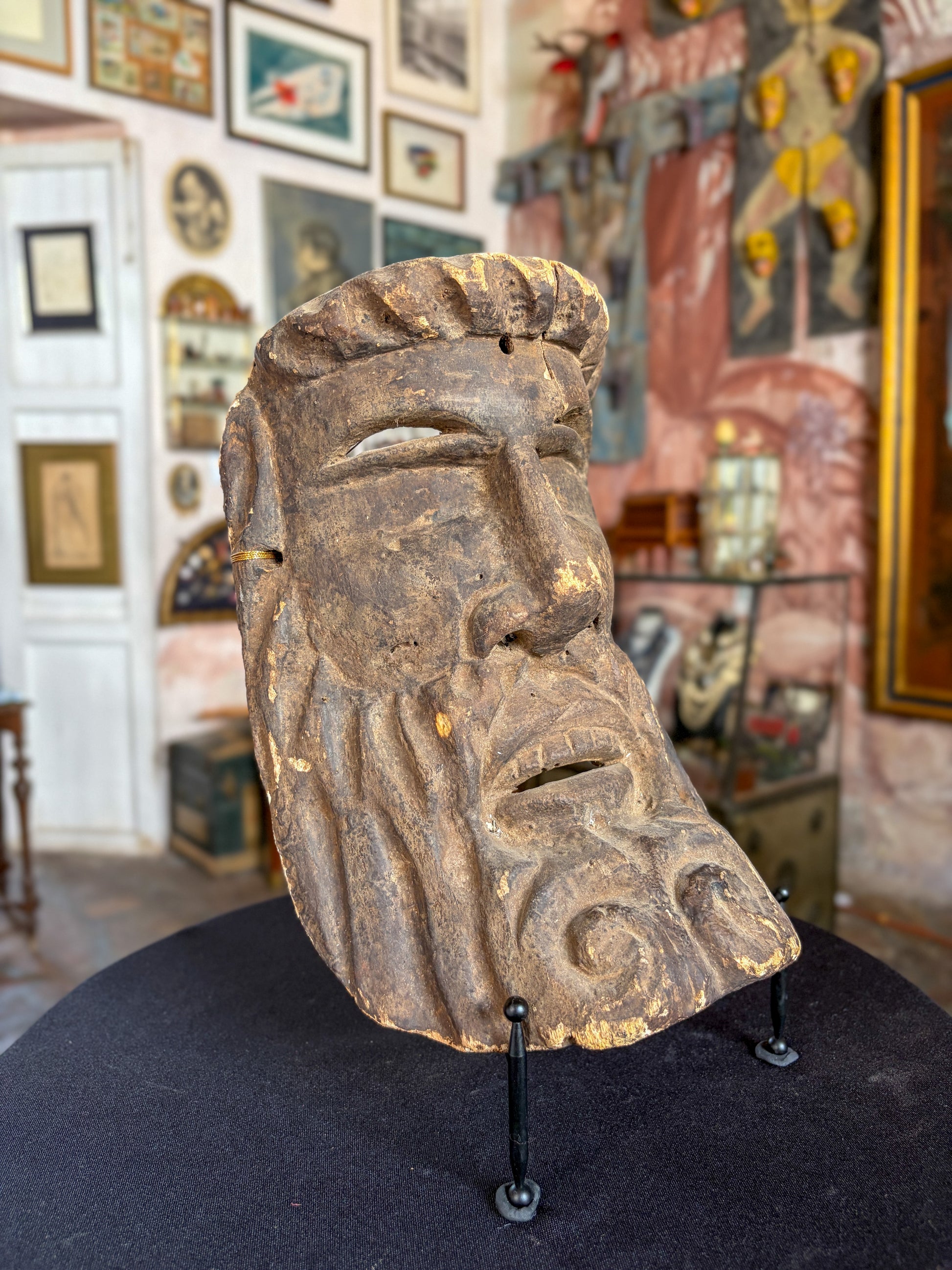 Antique carved Cirimo wood Purepecha hermit dance mask, Mexican folk art, back view