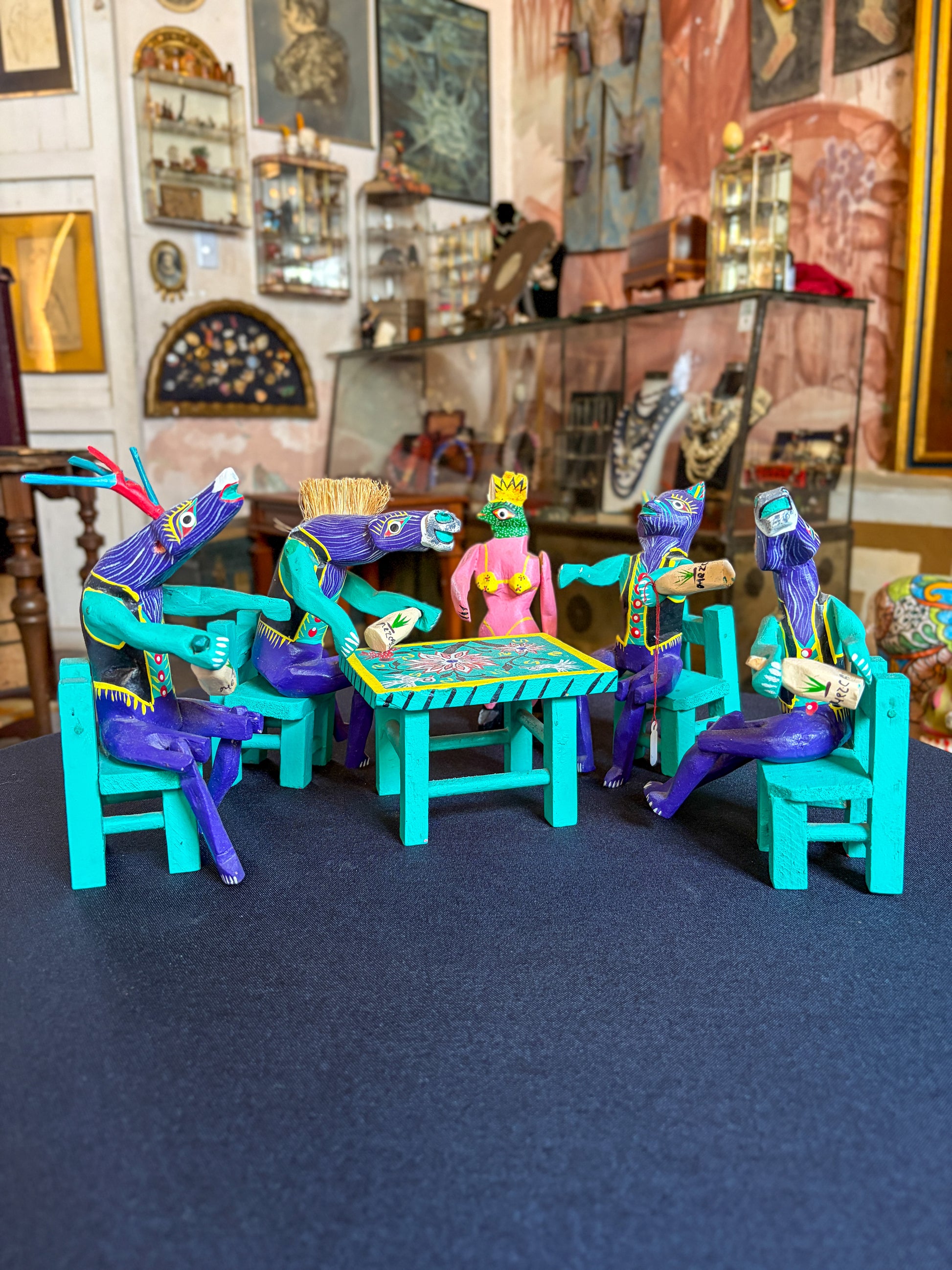 Handcrafted painted copal wood Oaxacan folk art cantina scene alebrije, Mexican folk art