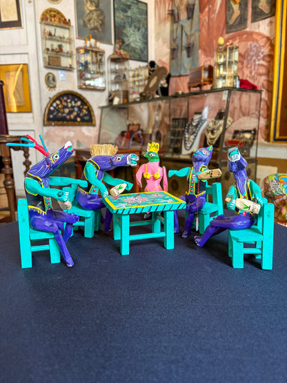 Handcrafted painted copal wood Oaxacan folk art cantina scene alebrije, Mexican folk art