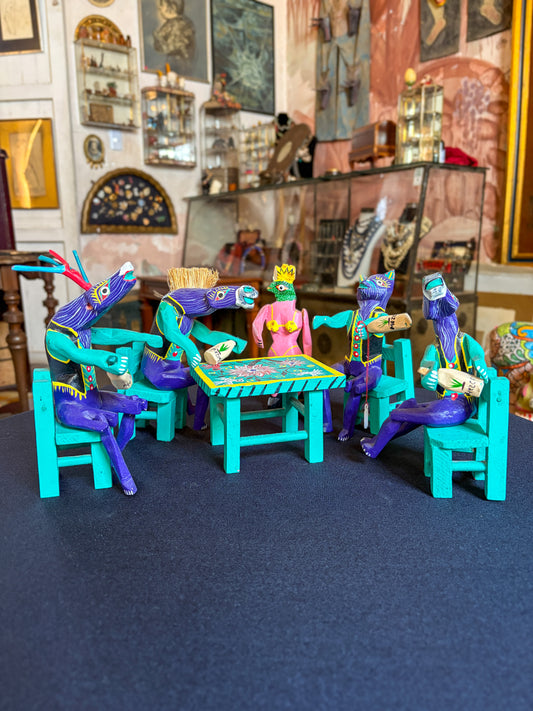 Handcrafted painted copal wood Oaxacan folk art cantina scene alebrije, Mexican folk art