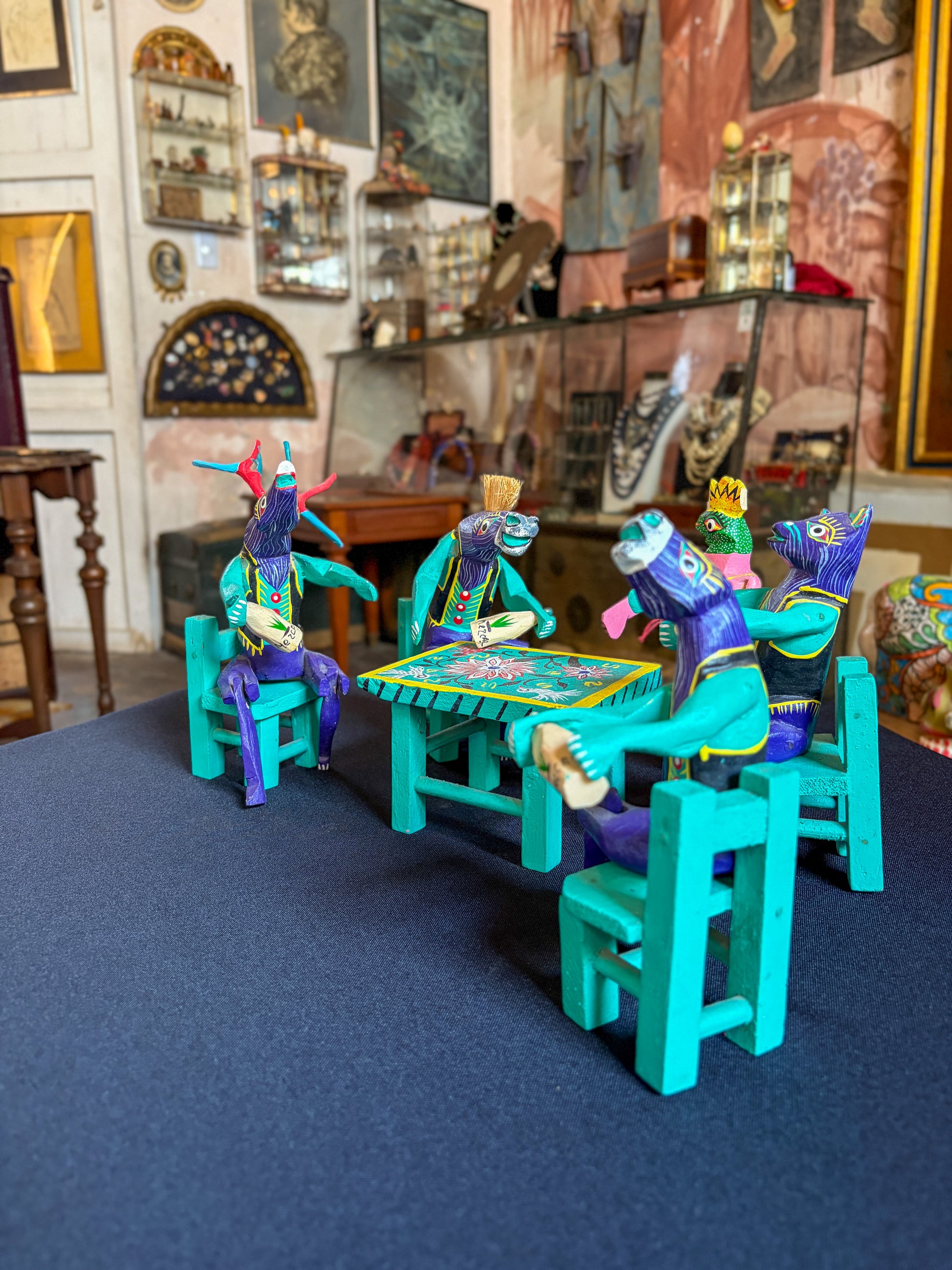 Handcrafted painted copal wood Oaxacan folk art cantina scene alebrije, Mexican folk art, side view