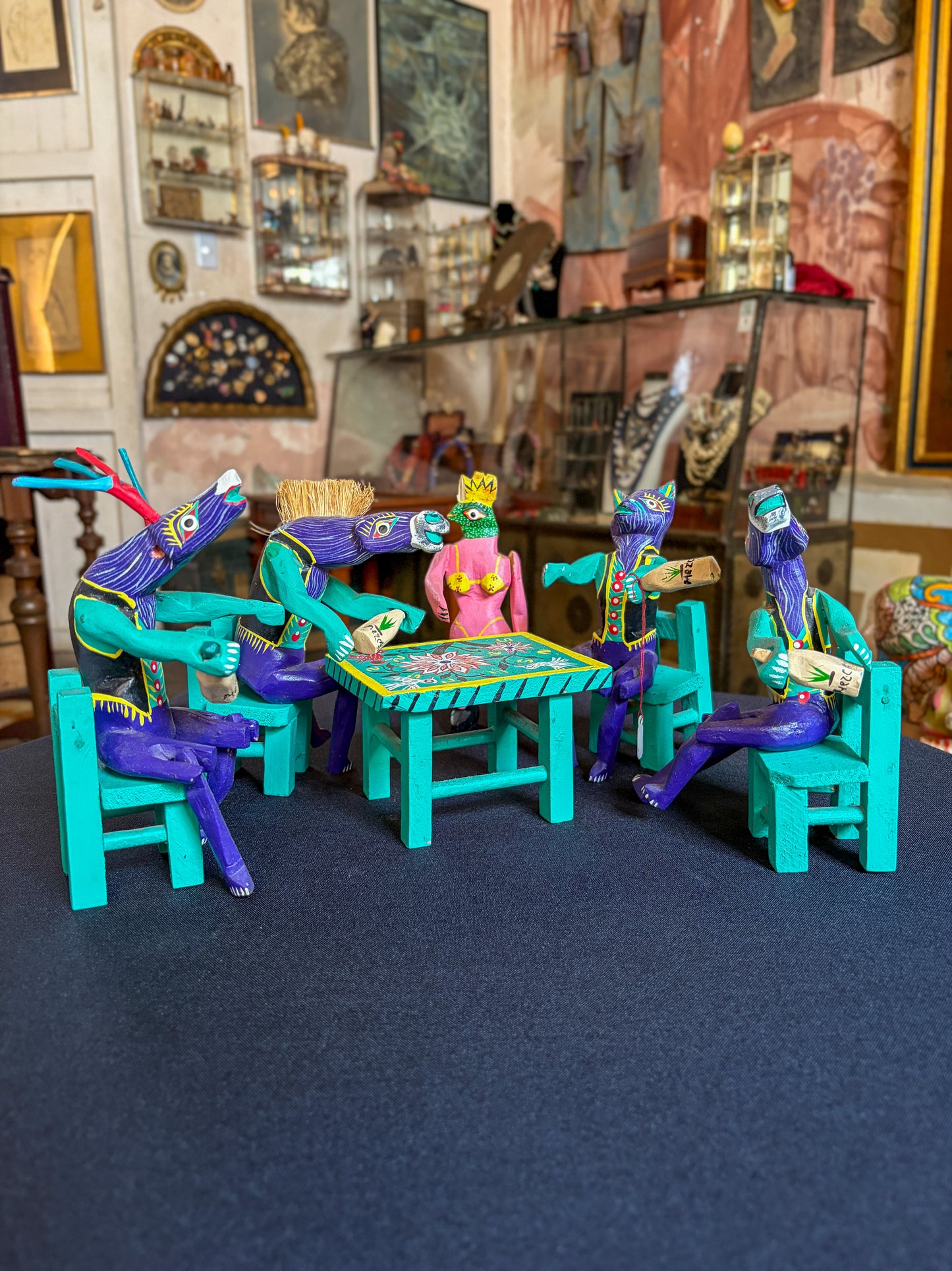 Handcrafted painted copal wood Oaxacan folk art cantina scene alebrije, Mexican folk art, back view