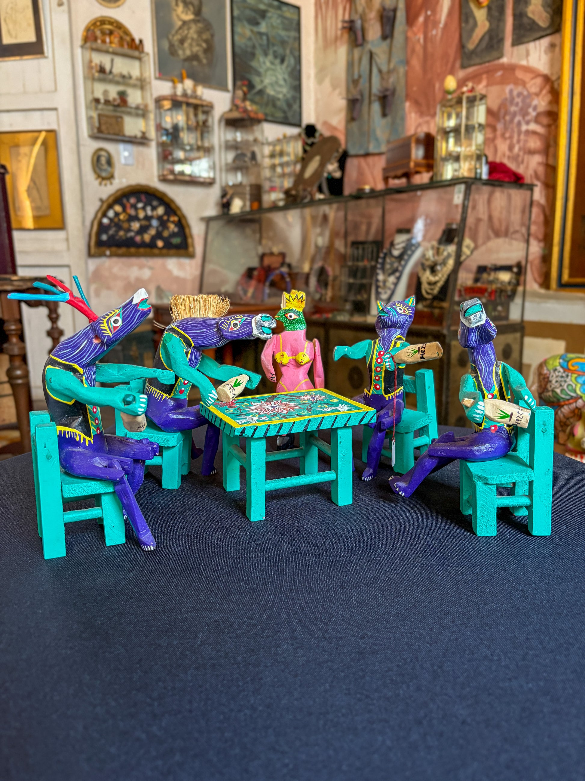 Handcrafted painted copal wood Oaxacan folk art cantina scene alebrije, Mexican folk art, back view