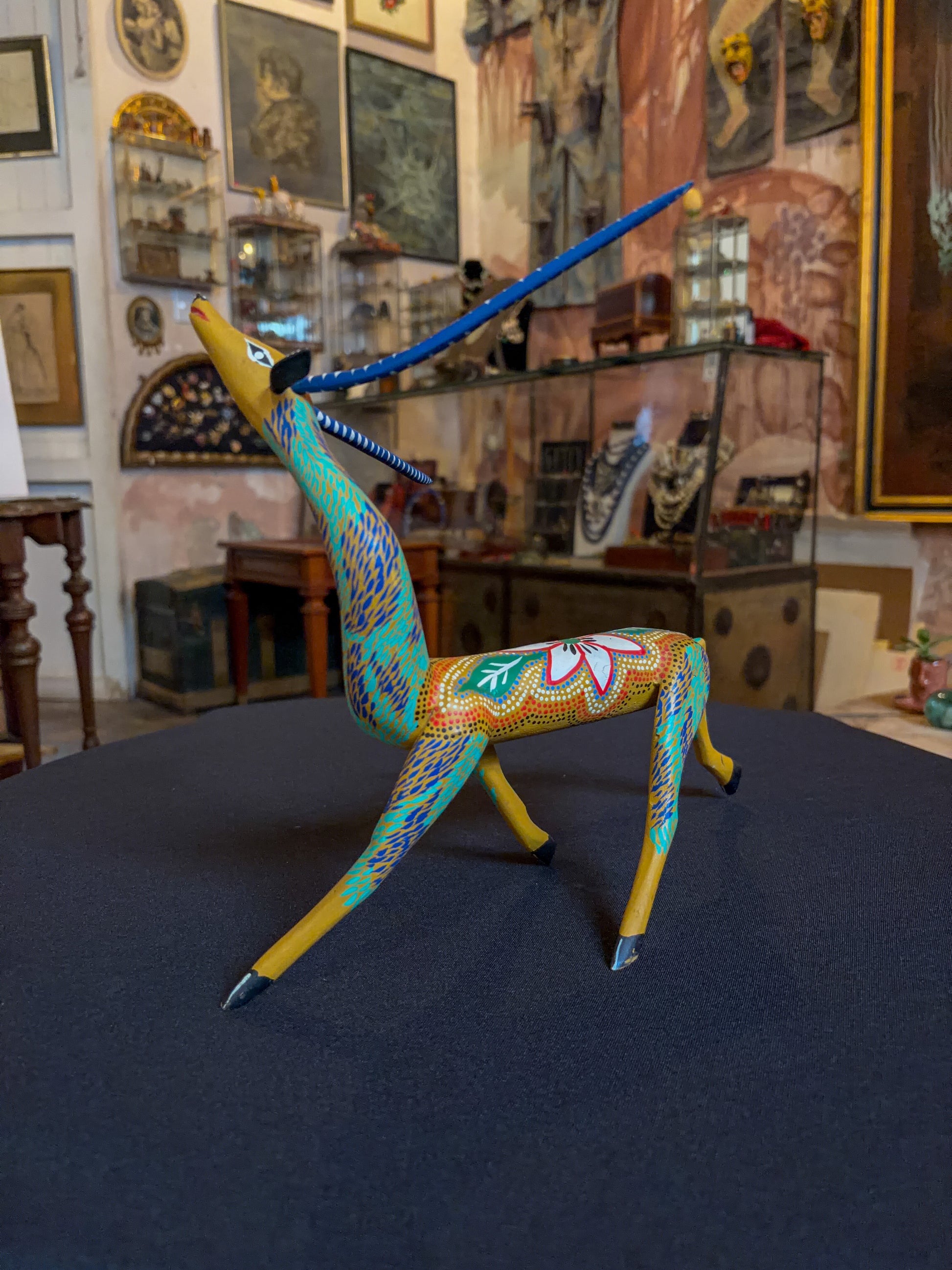 Handcrafted polychrome copal wood Oaxacan deer figure alebrije, Mexican folk art, painted detail
