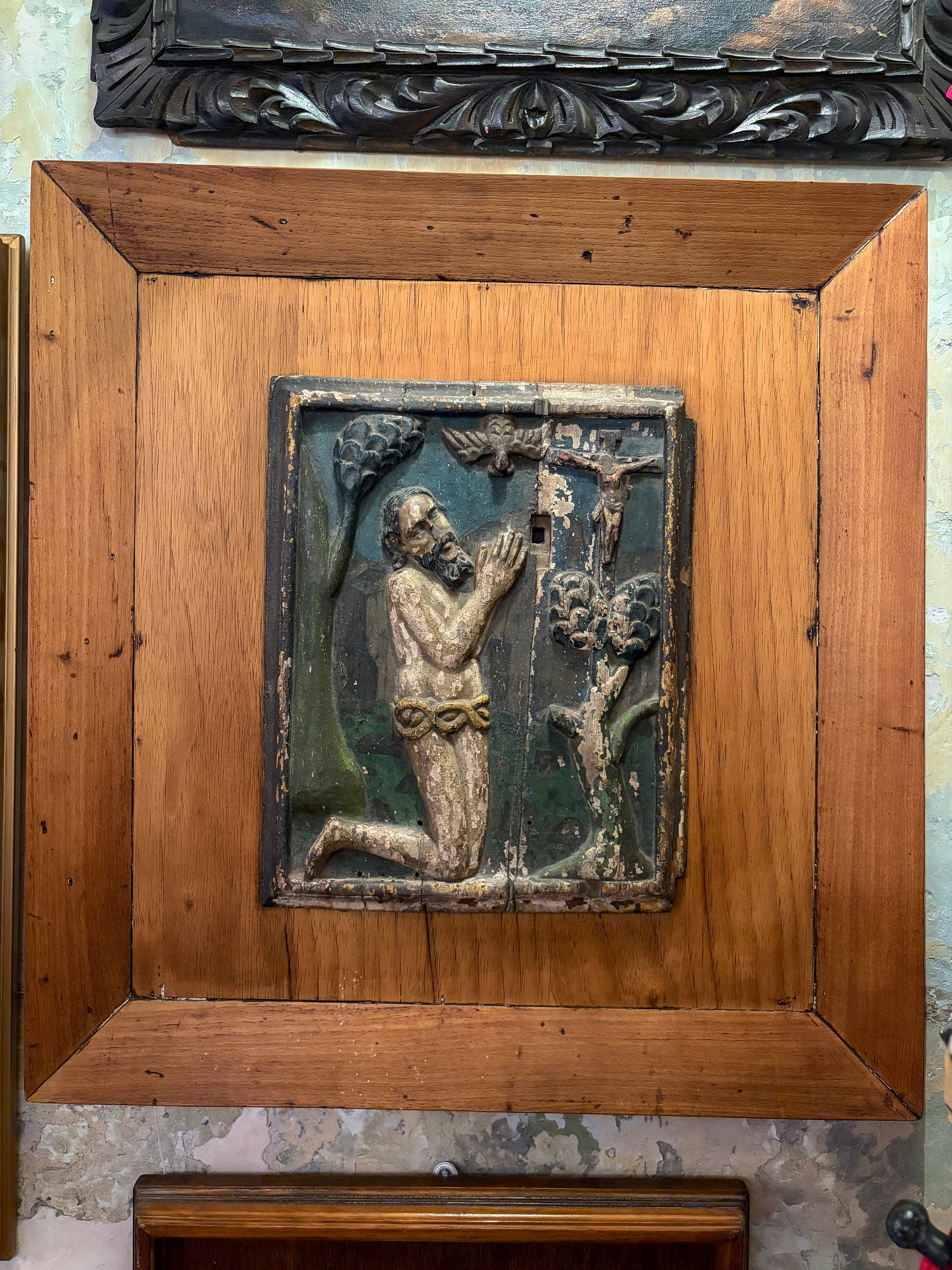 Antique polychrome carved wood tabernacle devotional panel, Mexican folk art