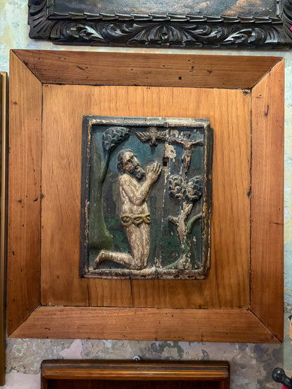 Antique polychrome carved wood tabernacle devotional panel, Mexican folk art