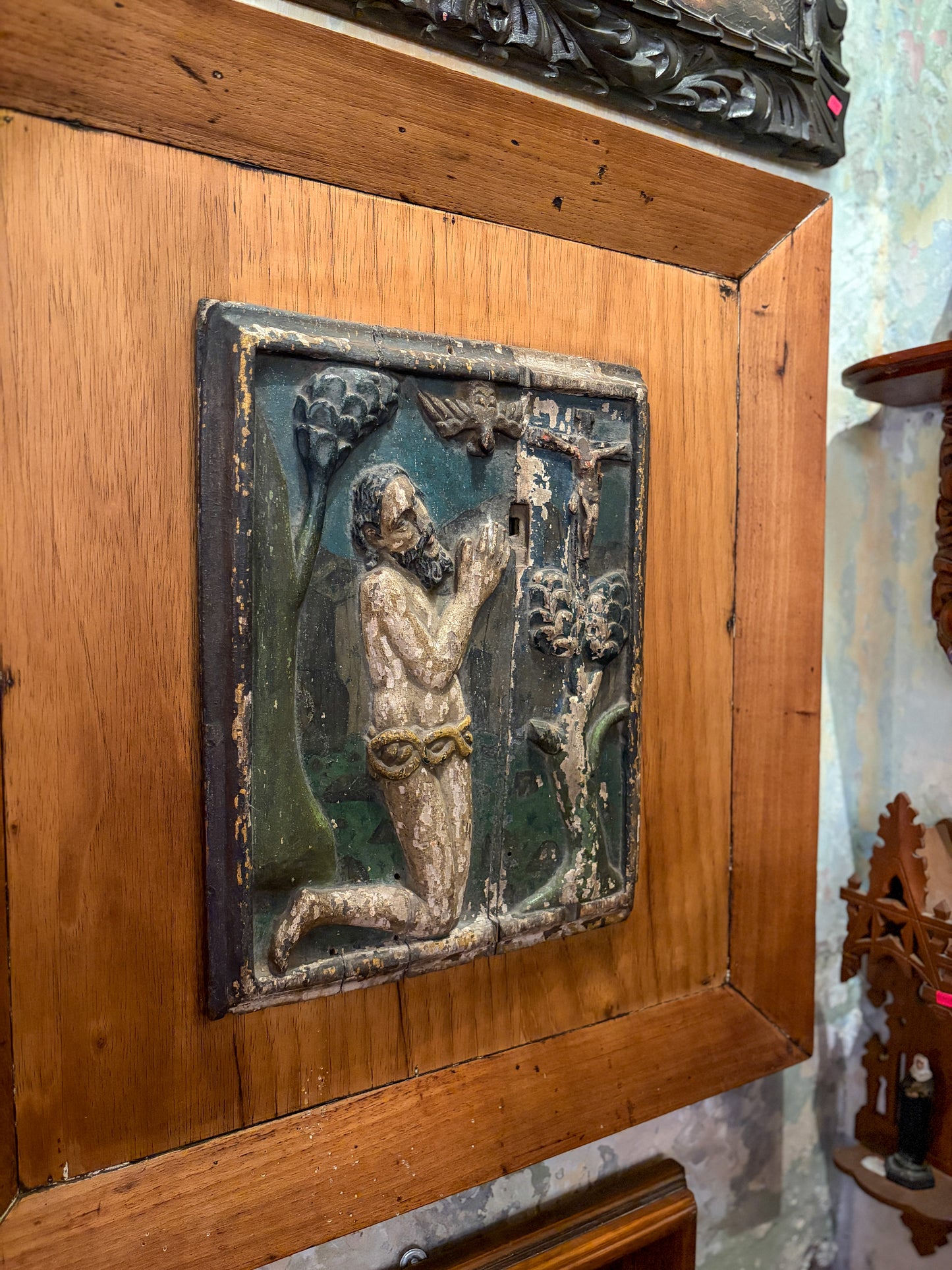 Antique polychrome carved wood tabernacle devotional panel, Mexican folk art, side view