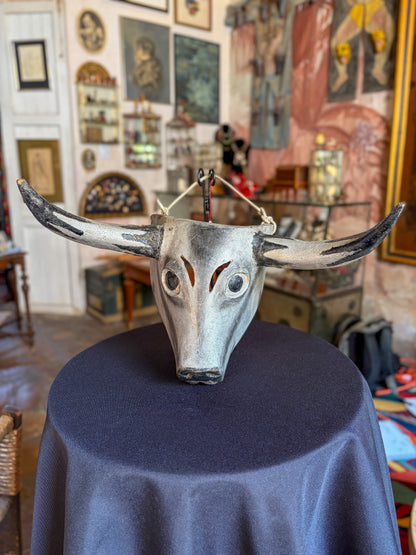 Handcrafted polychrome carved wood grey bull dance mask, Veracruz Mexican folk art