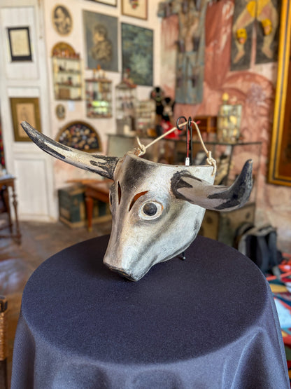 Handcrafted polychrome carved wood grey bull dance mask, Veracruz Mexican folk art, side view
